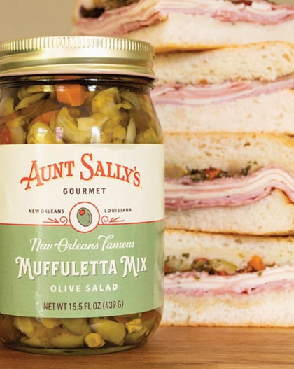 Jar of Aunt Sally’s Famous Muffuletta Mix Olive Salad made in New Orleans, Louisiana.