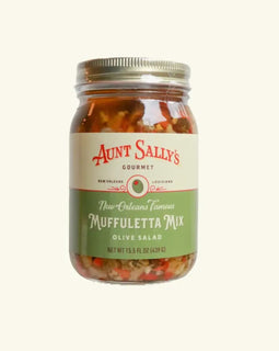 Jar of Aunt Sally’s Famous Muffuletta Mix Olive Salad made in New Orleans, Louisiana.