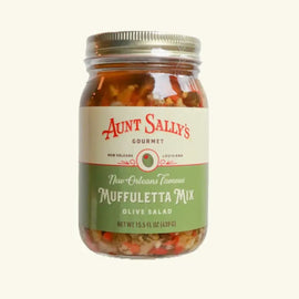 Jar of Aunt Sally’s Famous Muffuletta Mix Olive Salad made in New Orleans, Louisiana.