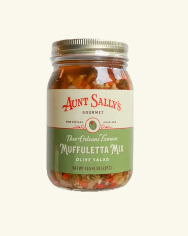 Jar of Aunt Sally’s Famous Muffuletta Mix Olive Salad made in New Orleans, Louisiana.