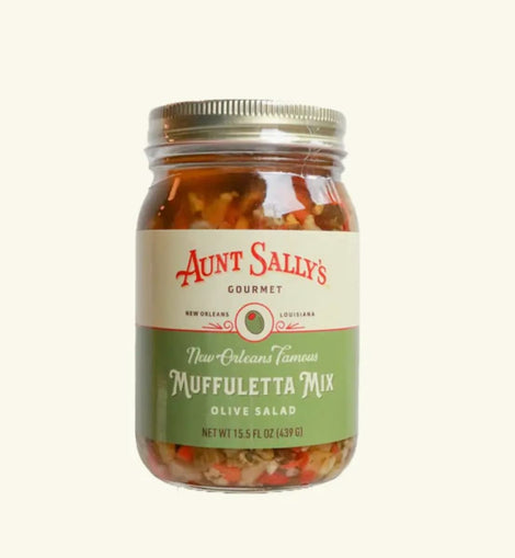 Jar of Aunt Sally’s Famous Muffuletta Mix Olive Salad made in New Orleans, Louisiana.
