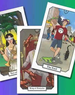 New Orleans–themed tarot cards including The Fool, King of Pentacles, and Two of Swords with colorful city-inspired illustrations.