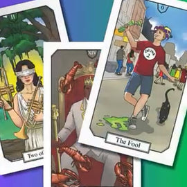 New Orleans–themed tarot cards including The Fool, King of Pentacles, and Two of Swords with colorful city-inspired illustrations.
