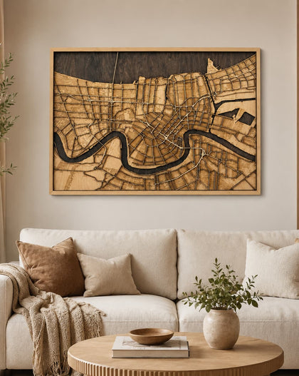 A large framed wooden map wall art piece depicting a winding river through a city, displayed above a cream sofa in a styled living room setting.