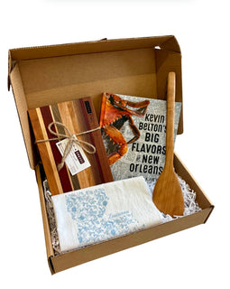 New Orleans Cooking Gift Box with Petit Fromage Board, Louisiana Tea Towel, 12" Roux Spoon, and Kevin Belton’s Big Flavors of New Orleans Cookbook.