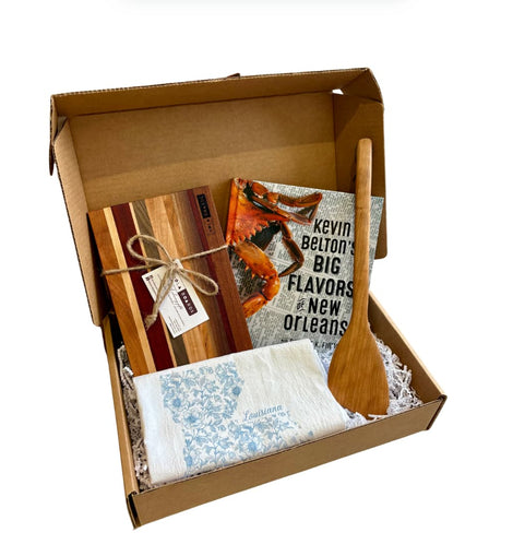 New Orleans Cooking Gift Box with Petit Fromage Board, Louisiana Tea Towel, 12