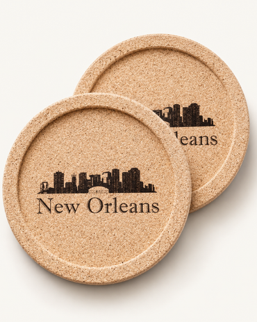 Two round cork coasters with a black New Orleans skyline and 'New Orleans' text, shown on a light beige background.