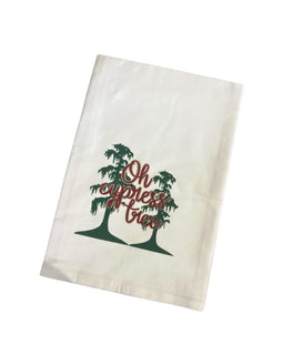 White tea towel with green cypress trees and red ‘Oh Cypress Tree’ holiday design.