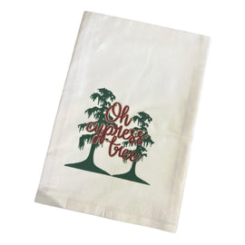 White tea towel with green cypress trees and red ‘Oh Cypress Tree’ holiday design.