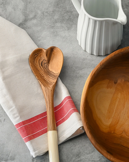 Olive Wood Heart Cooking Spoon with White Bone Handle