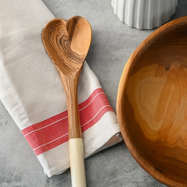 Olive Wood Heart Cooking Spoon with White Bone Handle