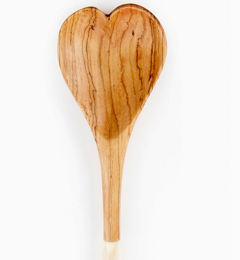 Olive Wood Heart Cooking Spoon with White Bone Handle