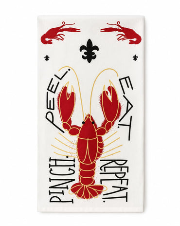 A white rectangular kitchen towel featuring a red lobster illustration, black script text reading 'PINCH PEEL EAT REPEAT', and small black decorative motifs on a white background.