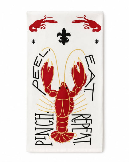 A white rectangular kitchen towel featuring a red lobster illustration, black script text reading 'PINCH PEEL EAT REPEAT', and small black decorative motifs on a white background.