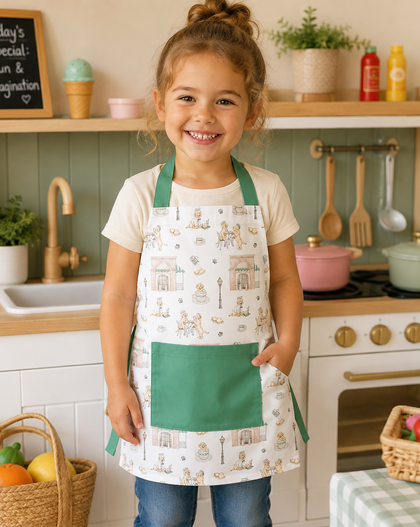A young girl smiling in a play kitchen, wearing a white apron with green straps and a green front pocket, decorated with a vintage-style illustration pattern.