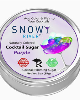 Purple cocktail rimming sugar in a tin with a purple-rimmed cocktail glass, all-natural sugar garnish for cocktails and margaritas.