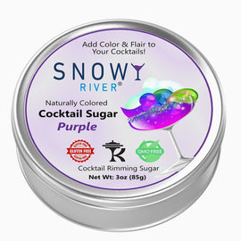 Purple cocktail rimming sugar in a tin with a purple-rimmed cocktail glass, all-natural sugar garnish for cocktails and margaritas.