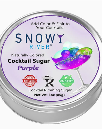 Purple cocktail rimming sugar in a tin with a purple-rimmed cocktail glass, all-natural sugar garnish for cocktails and margaritas.