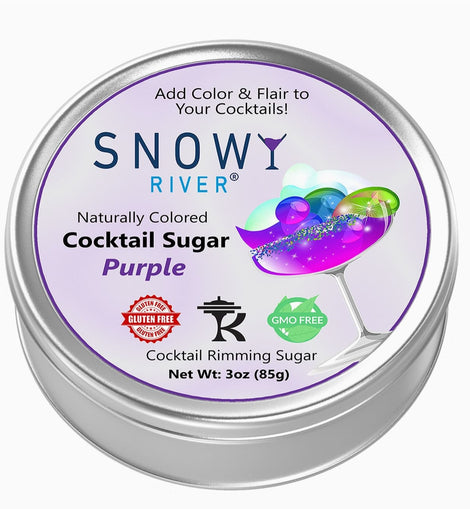 Purple cocktail rimming sugar in a tin with a purple-rimmed cocktail glass, all-natural sugar garnish for cocktails and margaritas.