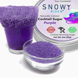 Purple cocktail rimming sugar in a tin with a purple-rimmed cocktail glass, all-natural sugar garnish for cocktails and margaritas.