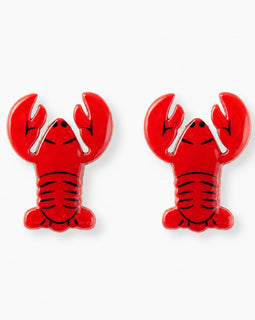 A pair of red crawfish-shaped stud earrings with black line details, displayed on a clean white background.