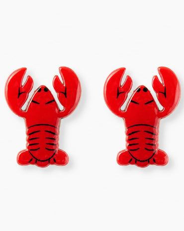 A pair of red crawfish-shaped stud earrings with black line details, displayed on a clean white background.