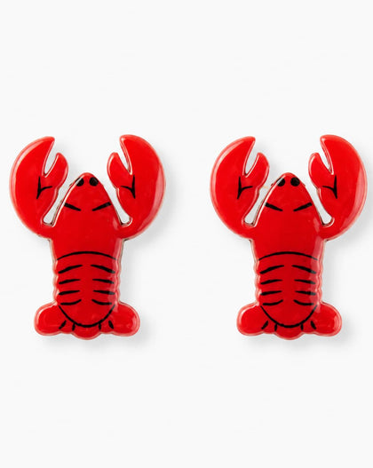 A pair of red crawfish-shaped stud earrings with black line details, displayed on a clean white background.
