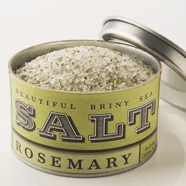 Tin of Beautiful Briny Sea Rosemary Salt with coarse sea salt and rosemary leaves showing.