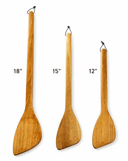 Three wooden kitchen utensils with hanging loops, shown in sizes 18 inches, 15 inches, and 12 inches, on a white background with size labels.