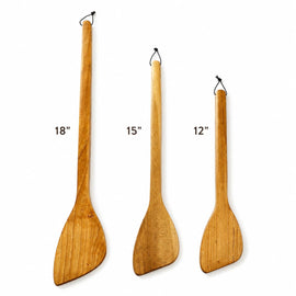 Three wooden kitchen utensils with hanging loops, shown in sizes 18 inches, 15 inches, and 12 inches, on a white background with size labels.