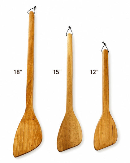Three wooden kitchen utensils with hanging loops, shown in sizes 18 inches, 15 inches, and 12 inches, on a white background with size labels.