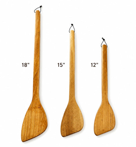 Three wooden kitchen utensils with hanging loops, shown in sizes 18 inches, 15 inches, and 12 inches, on a white background with size labels.