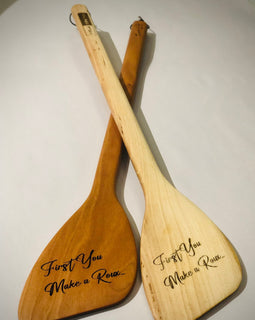12, 15, and 18 inch handcrafted wooden roux spoons engraved with First You Make A Roux
