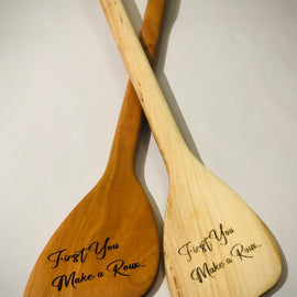 12, 15, and 18 inch handcrafted wooden roux spoons engraved with First You Make A Roux