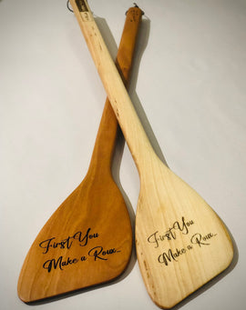 12, 15, and 18 inch handcrafted wooden roux spoons engraved with First You Make A Roux