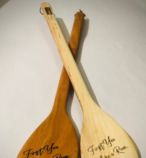 12, 15, and 18 inch handcrafted wooden roux spoons engraved with First You Make A Roux