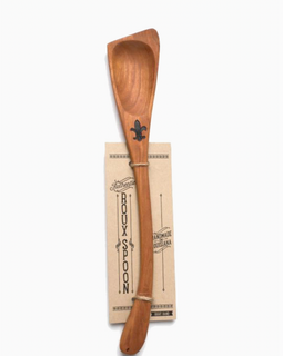 Handcrafted wooden right-handed roux spoon with angled edge, perfect for making Cajun and Creole roux.