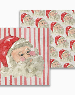 Cocktail napkins featuring a vintage-style Santa face on red stripes with a coordinating Santa pattern on the reverse.