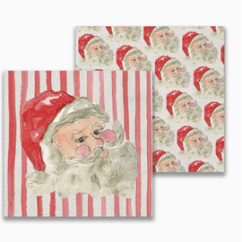 Cocktail napkins featuring a vintage-style Santa face on red stripes with a coordinating Santa pattern on the reverse.