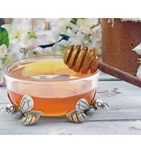 Pewter and Glass Bee Honey Bowl