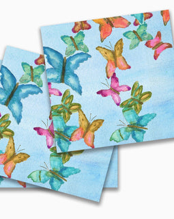 Butterfly garden paper napkins with colorful watercolor butterflies on blue background, 20 count napkin pack for spring entertaining