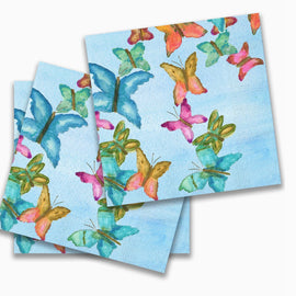 Butterfly garden paper napkins with colorful watercolor butterflies on blue background, 20 count napkin pack for spring entertaining