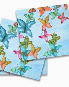 Butterfly garden paper napkins with colorful watercolor butterflies on blue background, 20 count napkin pack for spring entertaining