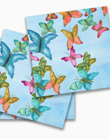 Butterfly garden paper napkins with colorful watercolor butterflies on blue background, 20 count napkin pack for spring entertaining