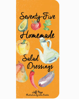 Fan-style flip book of ‘Seventy-Five Homemade Salad Dressings’ opened to show illustrated recipe cards.