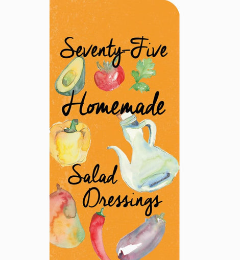 Fan-style flip book of ‘Seventy-Five Homemade Salad Dressings’ opened to show illustrated recipe cards.