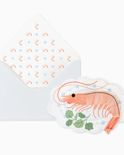 Shrimp pop-up greeting card with illustrated shrimp design and patterned envelope liner on a white background.