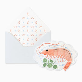 Shrimp pop-up greeting card with illustrated shrimp design and patterned envelope liner on a white background.