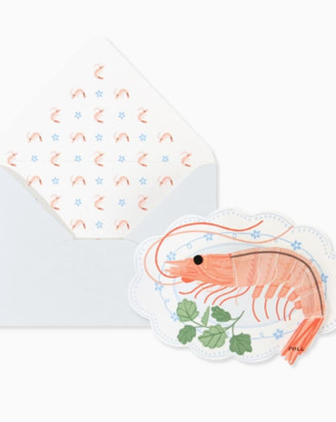 Shrimp pop-up greeting card with illustrated shrimp design and patterned envelope liner on a white background.