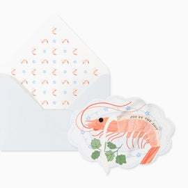 Shrimp pop-up greeting card with illustrated shrimp design and patterned envelope liner on a white background.